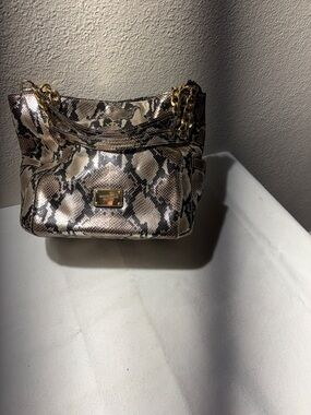 Michael Kors Taupe and Brown Snake-Print Shoulder Bag with Gold Chain